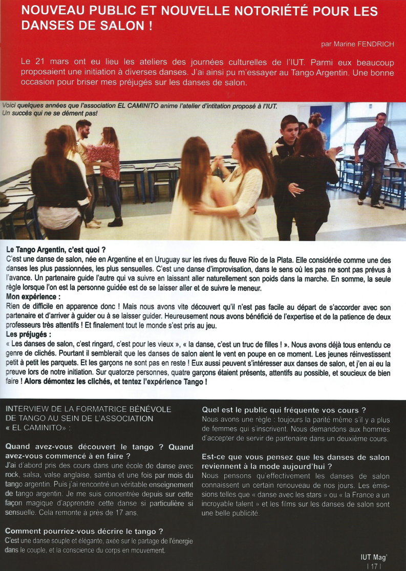 Article de journal sur l'initiation au tango à l'IUT de Saint-Étienne